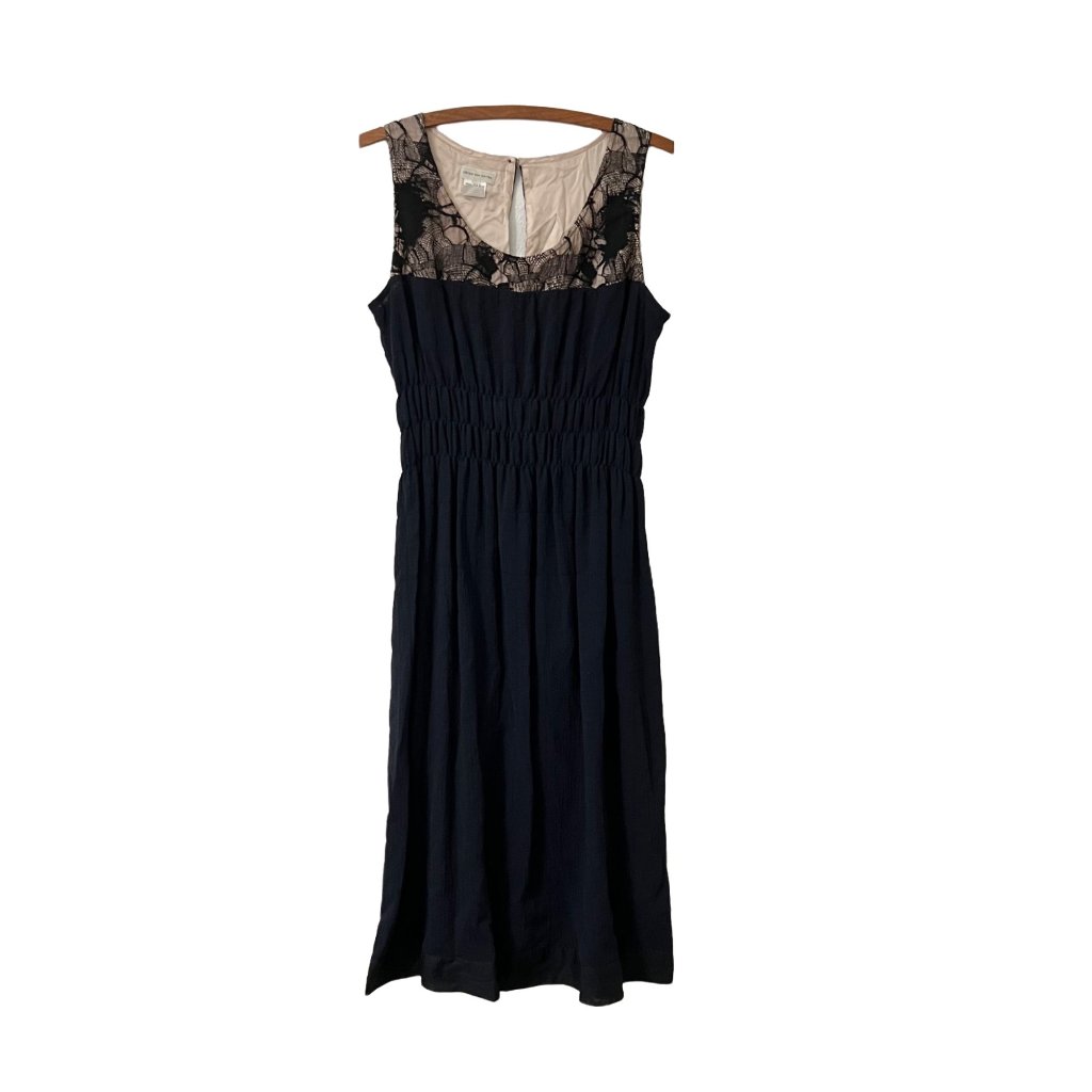 Dries Van Noten Womens Black Wool Linen Lace Smocked Sleeveless Midi Dress 8